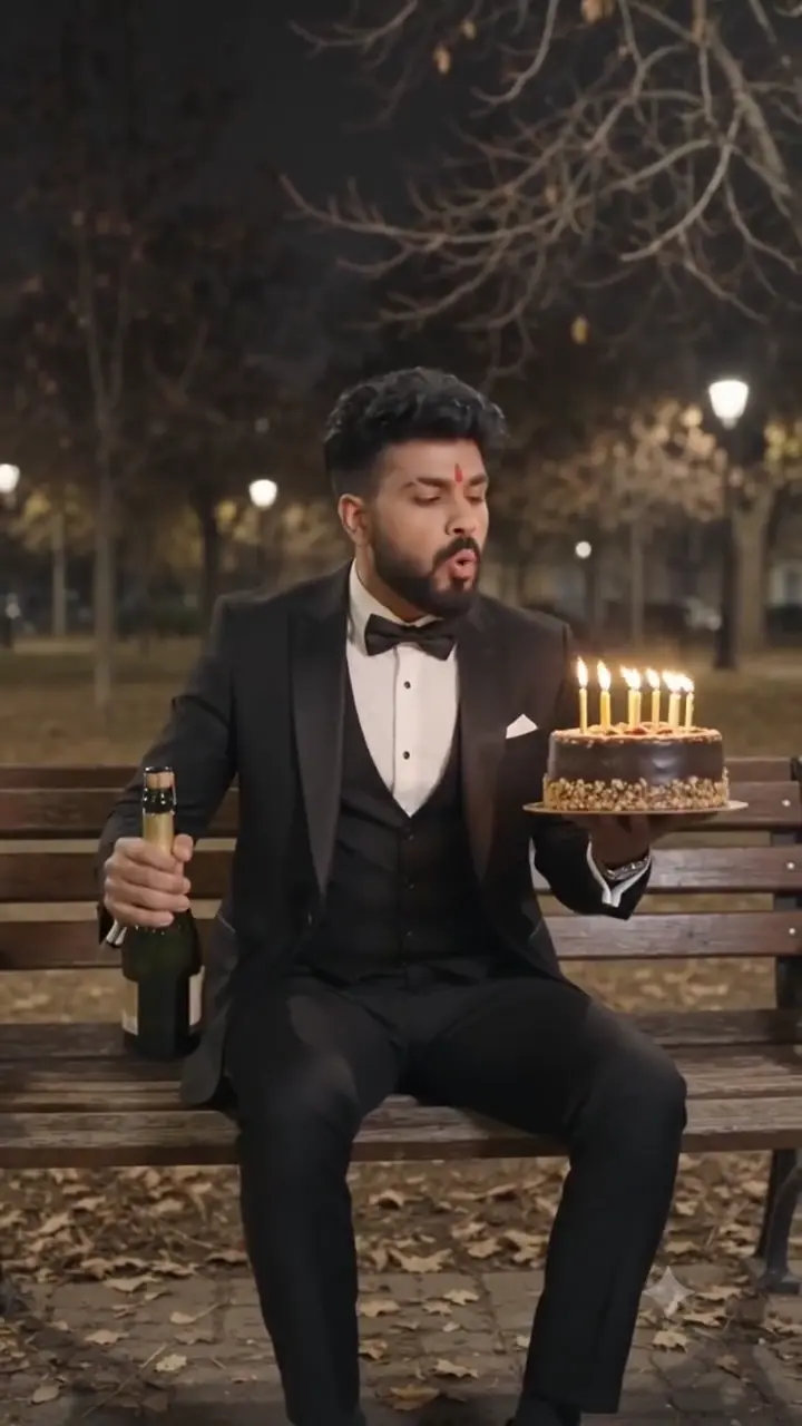 AI birthday video — a man in a tuxedo pops champagne on a park bench