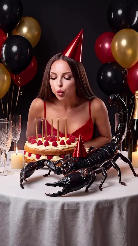 AI birthday video — a Scorpio birthday with a giant scorpion