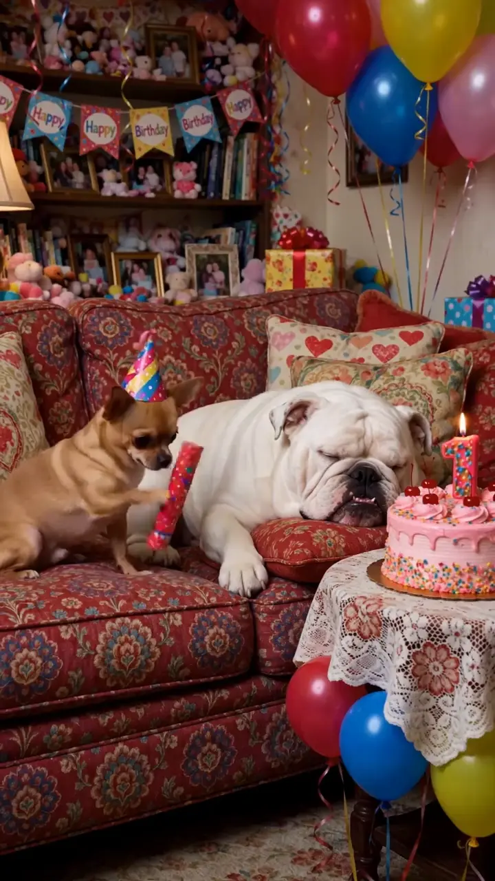 Happy birthday dog video — a Chihuahua wakes the birthday bulldog