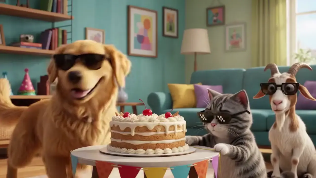 Happy birthday dog video — a goat and a cat eat the birthday cake