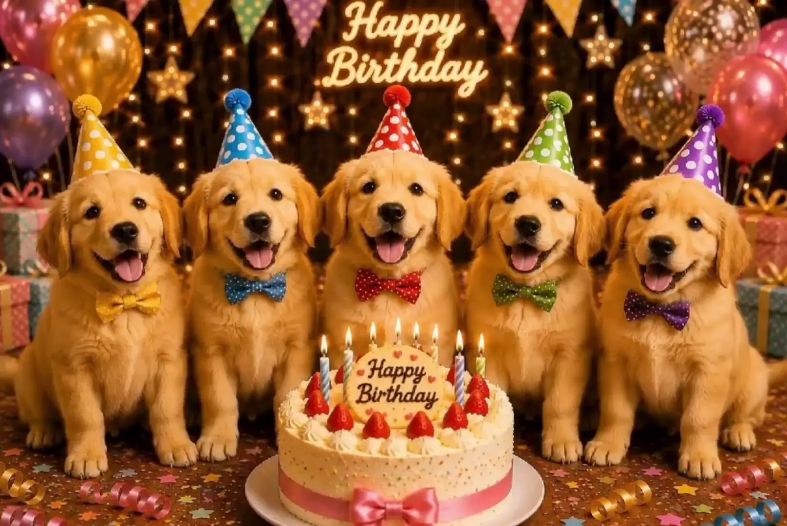 Happy birthday dog video — five golden puppies and a cake