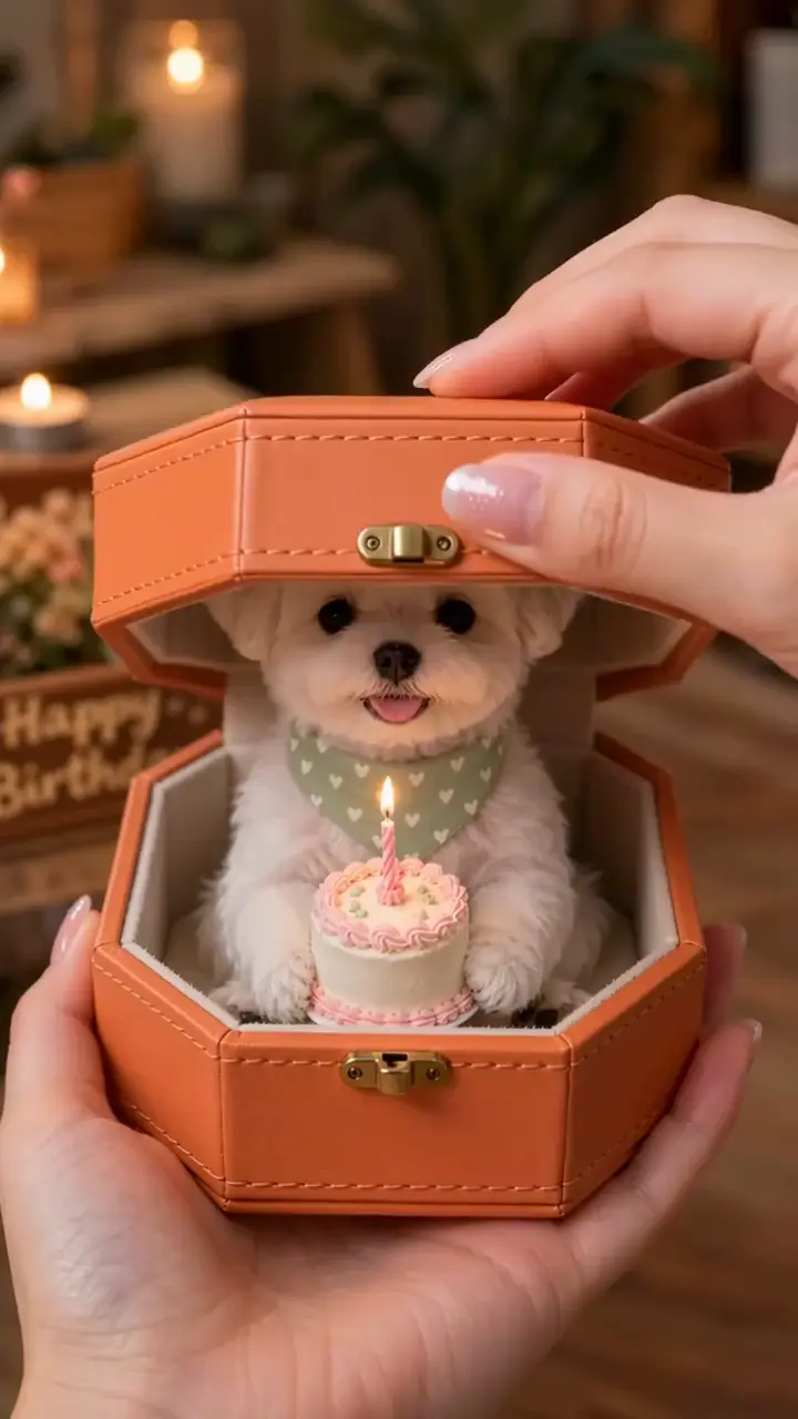 Happy birthday dog video — a puppy in a gift box with its cake